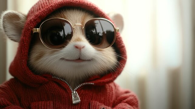 A trendy hamster relaxes in a hoodie and shades, showcasing its cool vibe
