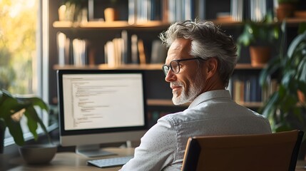 wideokonferencja, osoba, eleganckie wnętrze, profesjonalny strój, laptop, nowoczesne biurko, gustowny wystrój, obraz w ramie, rośliny doniczkowe, lampa podłogowa, naturalne światło, sztuczne oświetlen