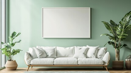 Picture frame mock-up in the interior of a modern living room on a green wall with a sofa and a plant in a vase, transparent wall art mock-up