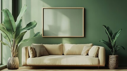 Picture frame mock-up in the interior of a modern living room on a green wall with a sofa and a plant in a vase, transparent wall art mock-up