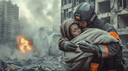 Firefighter Shielding and Comforting Survivor Amidst Urban Disaster Aftermath