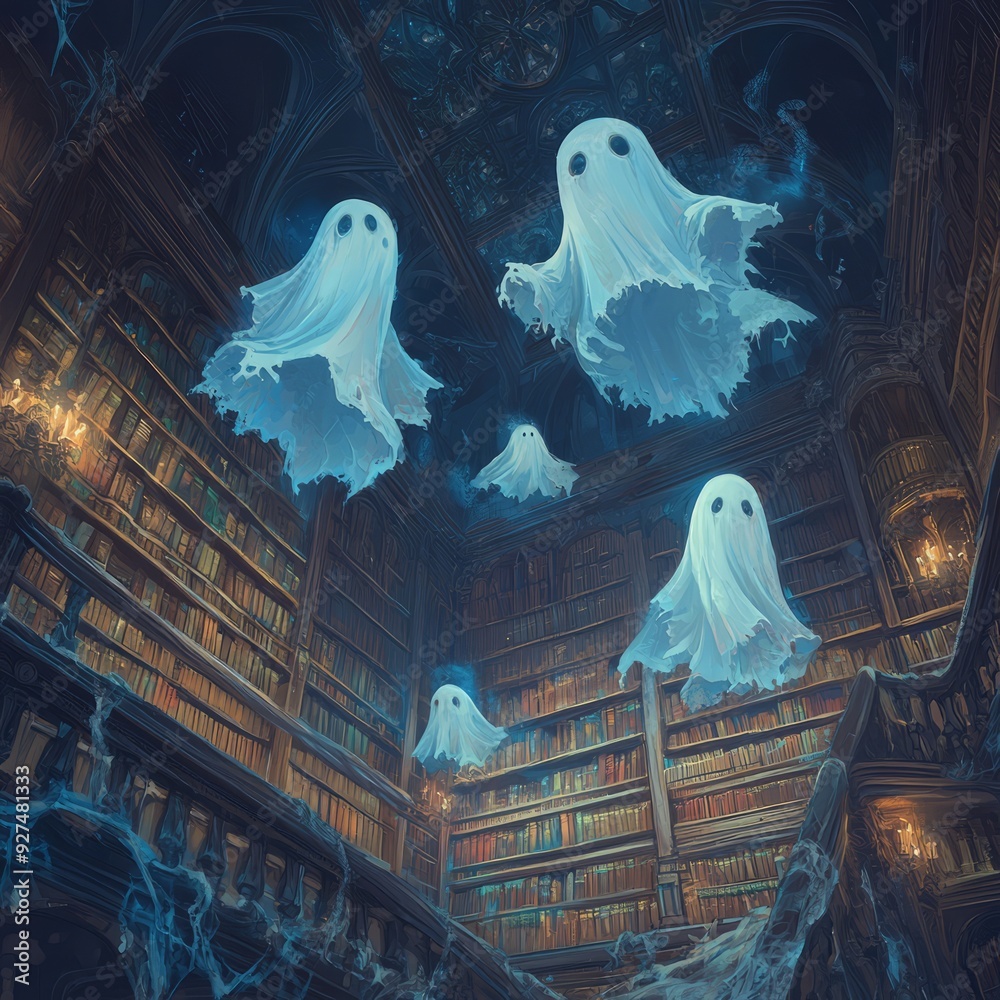 Wall mural Five ghosts float in a dark gothic library.