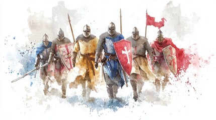 Fototapeta premium Five knights in full armor march toward the viewer with swords, shields, and flags in a watercolor style.