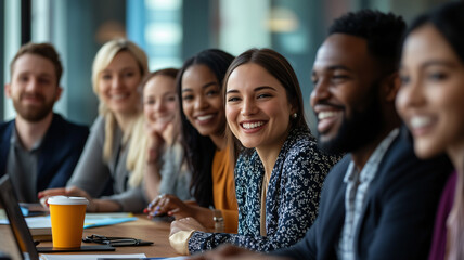 Fototapeta premium A diverse group of professionals in a business meeting, smiling and collaborating around a conference table. Various ethnicities and genders, casual but professional attire, modern office setting. 
