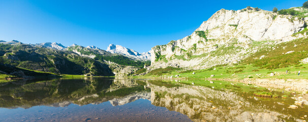 Views of the mountain lake of the national park peaks of europe