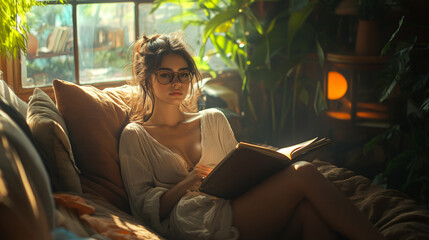 Obraz premium Portrait of a thoughtful writer sitting in a cozy reading nook with a journal. 