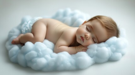 A serene moment as a baby peacefully dreams on a fluffy, cloud-like cushion