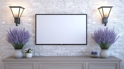A contemporary living room with a white screen TV on a stone wall, complemented by lavender decor and elegant lighting.