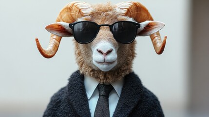 A ram dressed in a suit and sunglasses exudes charm in the city