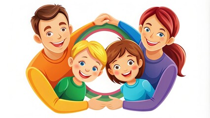 A warm and colorful illustration of a smiling family of four forming a circle around a stylized icon, symbolizing unity and togetherness.