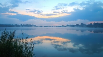 Serene Morning Serenity: Misty Sky and Clouds Reflecting on Peaceful Lake