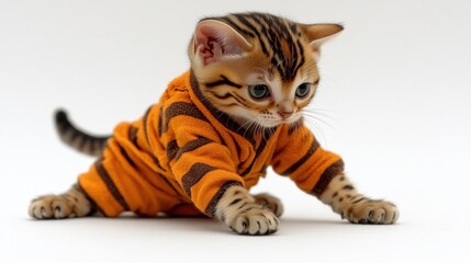 A cute Bengal kitten dressed in an orange-striped outfit explores its surroundings