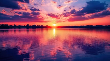 Fototapeta premium Serene Lake Reflection of Vibrant Red and Purple Sunset Clouds