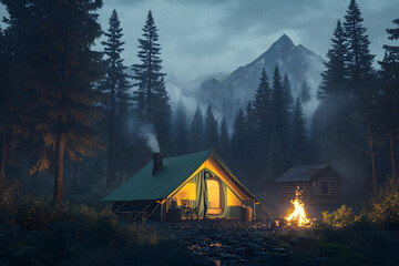 A cozy cabin in the forest at twilight, surrounded by towering trees and mountains, perfect for serene retreats and nature getaways.