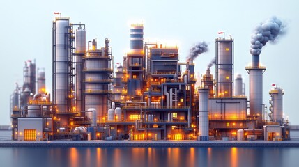 Obraz premium A detailed view of an illuminated industrial refinery complex during twilight with multiple structures including distillation towers and smokestacks reflecting on the water surface