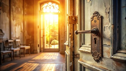 Obraz premium A worn metal door with old-fashioned door handle and keyhole slowly creaks open, revealing a bright and airy hallway with warm natural light.