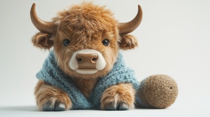A whimsical plush Highland cow lays quietly, looking adorable in its sweater