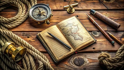 A worn, vintage marine logbook lies open on a rustic wooden desk, surrounded by navigational tools and a pencil, evoking a sense of adventure and exploration.