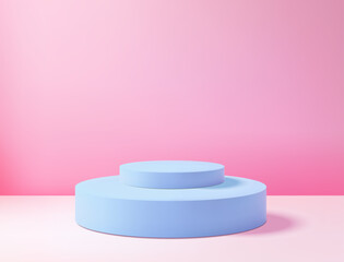 Realistic 3D blue circle platform podium or pedestal on pink background with shadow. Empty space for product display presentation. Minimalistic mockup with copy space . Stage showcase vector design