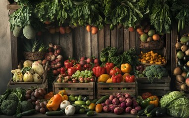  Fresh fruits and vegetables in a rustic market setting.