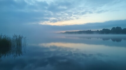 Fototapeta premium Serene Misty Morning by the Lake - Tranquil Atmosphere with Low Clouds and Foggy Sky Reflecting on Water Surface