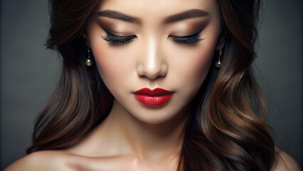 Fototapeta premium Beautiful Asian woman with luscious lengthy eyelashes, perfectly curled and coated with voluminous extensions, adding drama to her elegant and refined facial features.