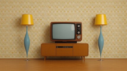 A nostalgic living room with a vintage TV set, featuring classic mid-century modern design elements.