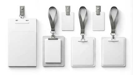 Blank identification templates with customizable fields and layouts, including cards, badges, and forms, for corporate, event, or security uses on white background.