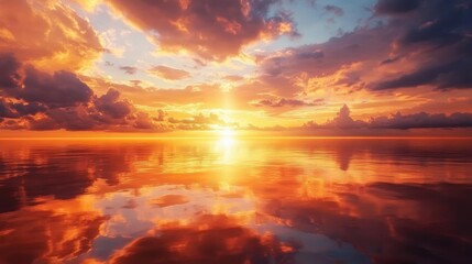 Majestic Orange Sunset Over Ocean Horizon with Reflective Clouds