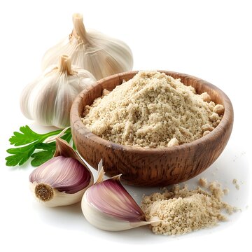 A bowl of garlic powder and chopped garlic sits on a white background 