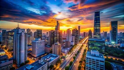Fototapeta premium Blurred urban cityscape at dusk with modern skyscrapers and busy streets contrasting with a serene, gradient blue and orange sunset developing in the background.