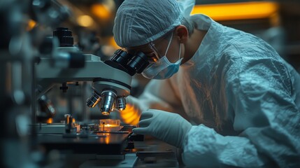 A focused scientist wearing protective gear examines samples under a microscope in a modern laboratory setting