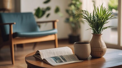 Fototapeta premium Newspaper placed on a stylish coffee table with a decorative vase and a chic living room backdrop