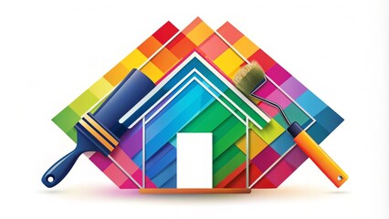 Brightly colored logo featuring a stylized house silhouette with paintbrush and roller, surrounded by bold lines and geometric shapes, conveying a sense of professionalism.
