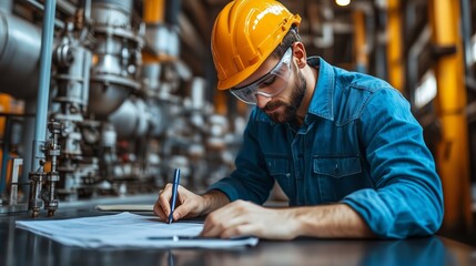 Professional engineer working on a clipboard with technical drawings, wearing safety gear with industrial machinery in the background