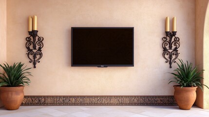 A modern living room with a TV mounted on a bright wall, surrounded by indoor plants and warm lighting.