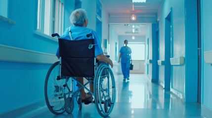 Senior person in wheelchair in hospital corridor with nurse