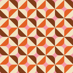 70's Retro Seamless Pattern. 60s and 70s Aesthetic Style. Geometric Groovy Pattern in pink, orange, brown and beige colors.