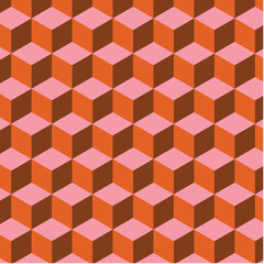 70's Retro Seamless Pattern. 60s and 70s Aesthetic Style. Geometric cube Groovy Pattern in pink, orange and beige colors.