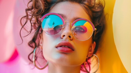 Obraz premium Woman with Curly Hair in Neon Lights