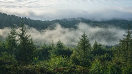 Fototapeta premium Serene Morning Mist Blankets Forest Canopy - Tranquil Nature Landscape with Low Clouds and Trees in Dawn Light