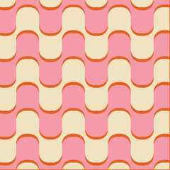 70's Retro Seamless Pattern. 60s and 70s Aesthetic Style. Geometric Wavy Pattern in pink, orange and brown colors.