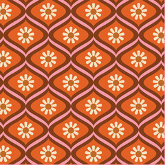 70's Retro Seamless Pattern. 60s and 70s Aesthetic Style. Geometric Floral wavy Pattern in pink, orange, beige and brown colors.