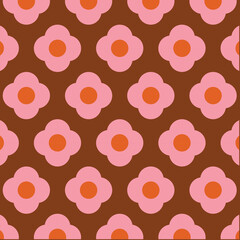 70's Retro Seamless Pattern. 60s and 70s Aesthetic Style. Florals geometric pattern in pink, orange and brown colors.