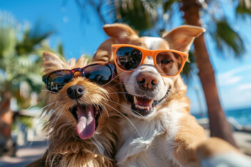 Two dogs in funny sunglasses take a selfie on the beach. Humor. Created using artificial intelligence.