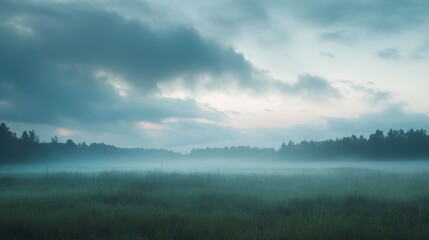 A tranquil morning with a misty sky and clouds