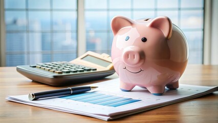 Calculator and piggy bank on a desk surrounded by financial papers, symbolizing strategic planning and savings for a successful Roth IRA conversion strategy.