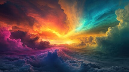 Fototapeta premium Vibrant Sunrise: Glorious Light Beams Breaking Through Dramatic Clouds