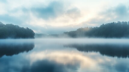 Obraz premium Tranquil Serenity: Misty Morning on a Lakeside Paradise