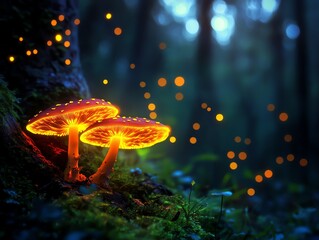 Glowing mushrooms illuminate a dark forest scene, surrounded by shimmering particles of light, creating a magical atmosphere.